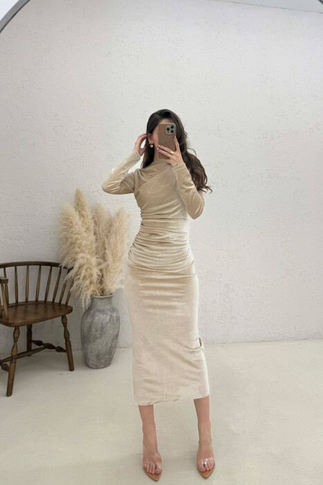 ONE COLOR VELVET WOMAN DRESS CREAM/KREM - 