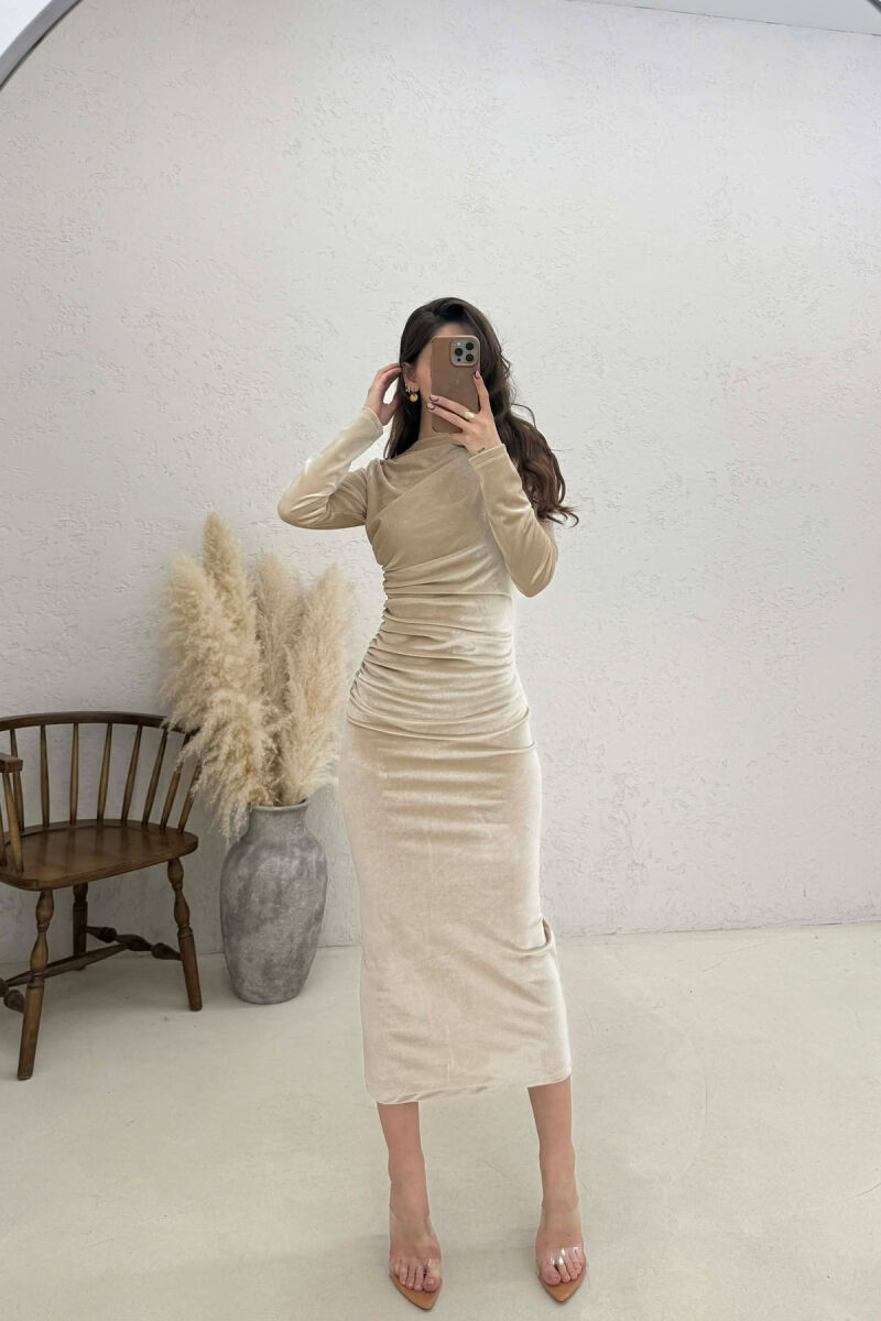 ONE COLOR VELVET WOMAN DRESS CREAM/KREM - 1