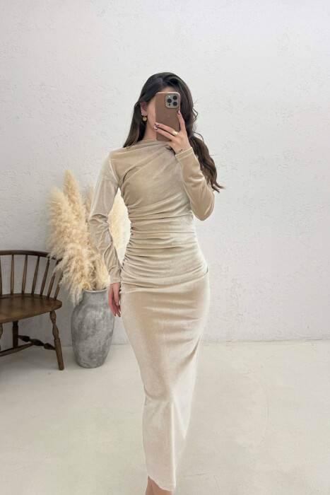 ONE COLOR VELVET WOMAN DRESS CREAM/KREM - 2