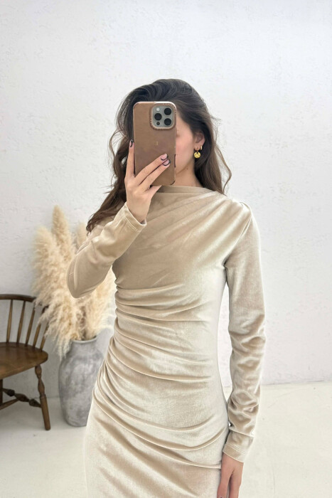 ONE COLOR VELVET WOMAN DRESS CREAM/KREM - 3