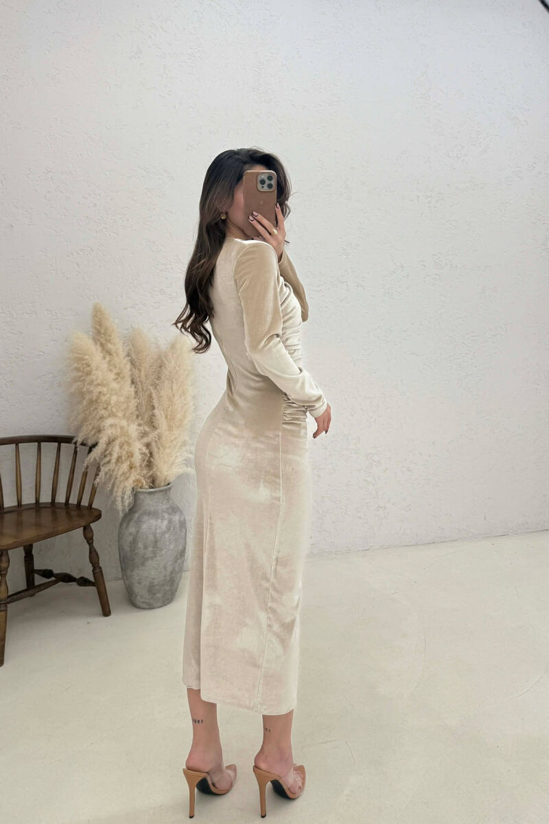 ONE COLOR VELVET WOMAN DRESS CREAM/KREM - 4