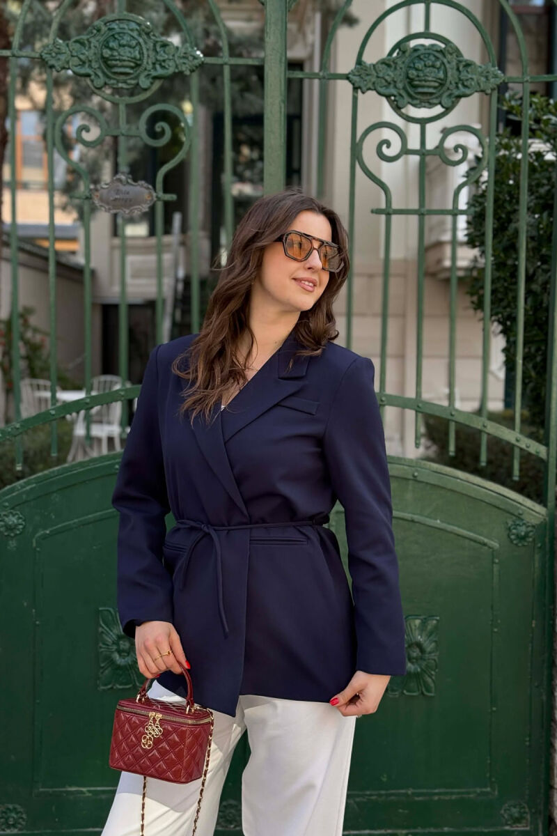 ONE COLOR WAIST LACING FAKE POCKETS CLASSIC WOMAN JACKET BLUE/BLU - 3