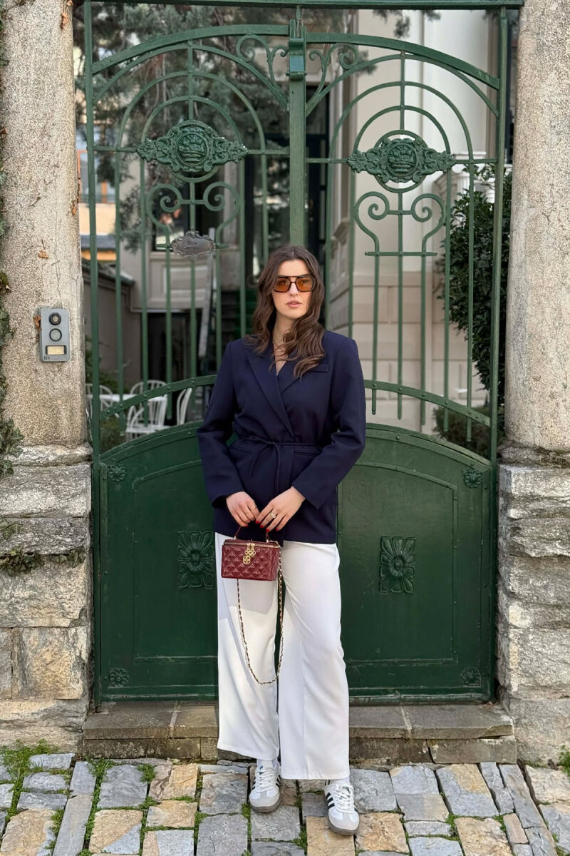 ONE COLOR WAIST LACING FAKE POCKETS CLASSIC WOMAN JACKET BLUE/BLU - 4