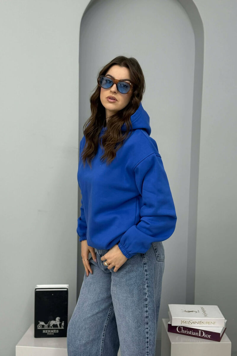 ONE COLOR WAISTBAND FLUFFY WOMEN HOODIE BLUE/BLU - 1
