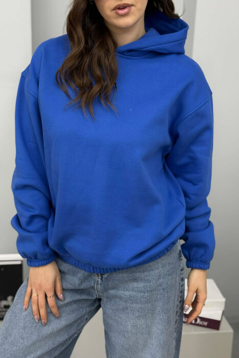 ONE COLOR WAISTBAND FLUFFY WOMEN HOODIE BLUE/BLU - 3