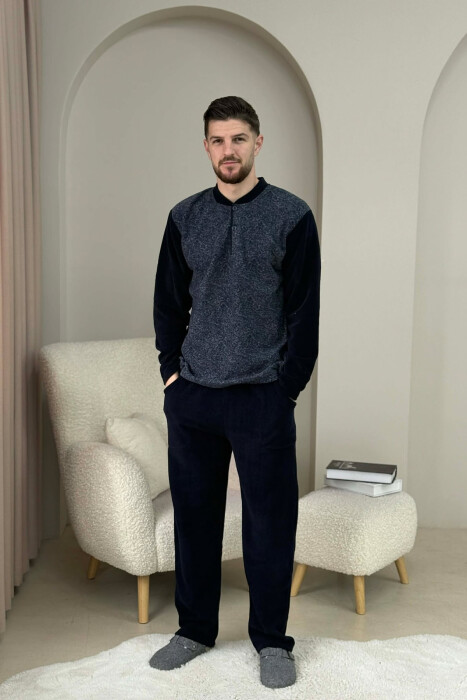 ONE COLOR WARM SWEATSHIRT+SWEATPANTS MEN PYJAMAS BLUE/BLU - KLAUDIO FASHION