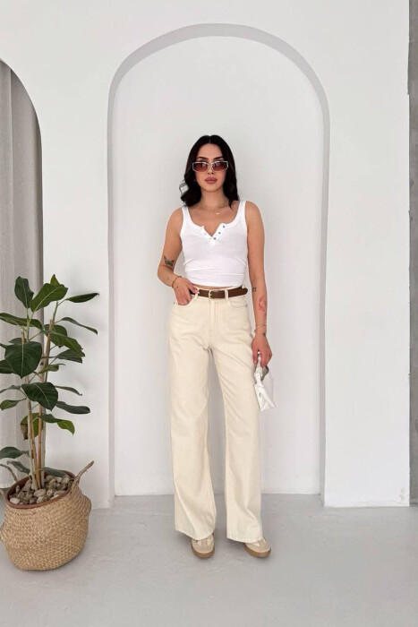 ONE COLOR WIDE LEG BELT DETAIL WOMAN JEANS CREAM/KREM - KLAUDIO FASHION