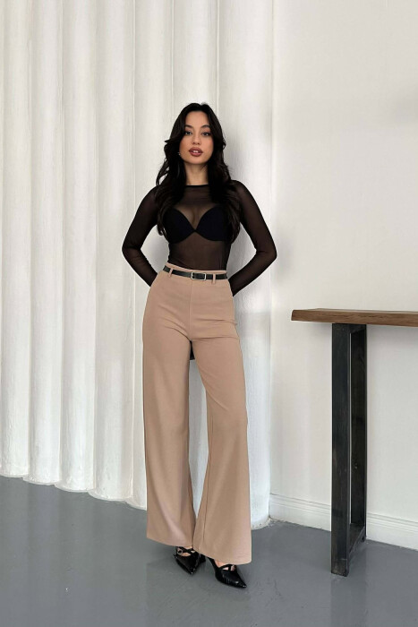 ONE COLOR WIDE LEG BELT DETAIL WOMAN TROUSERS BEIGE/BEZHE - KLAUDIO FASHION