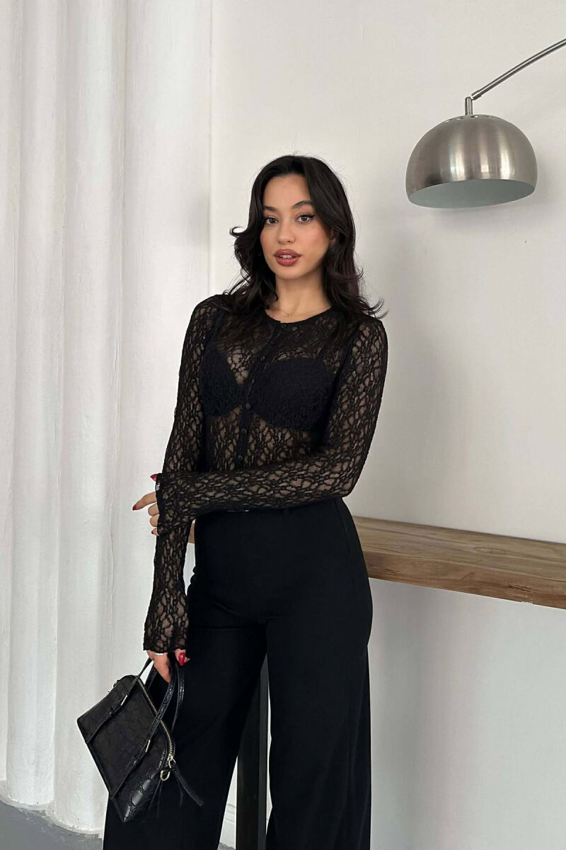 ONE COLOR WIDE LEG BELT DETAIL WOMAN TROUSERS BLACK/ E ZEZE - 2