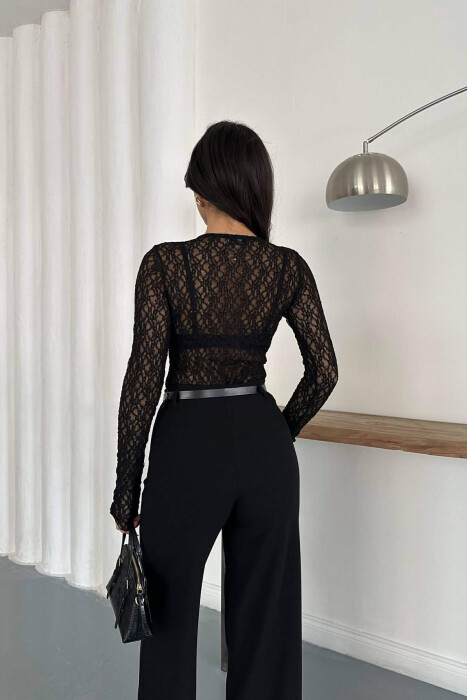 ONE COLOR WIDE LEG BELT DETAIL WOMAN TROUSERS BLACK/ E ZEZE - 3