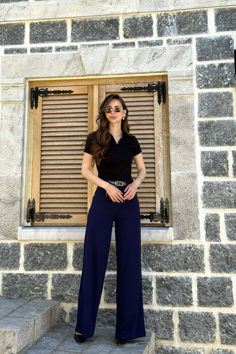 ONE COLOR WIDE LEG BELT DETAIL WOMAN TROUSERS BLUE/BLU - KLAUDIO FASHION