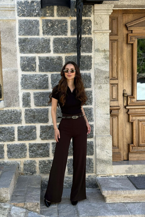 ONE COLOR WIDE LEG BELT DETAIL WOMAN TROUSERS DARK BROWN/KAE - KLAUDIO FASHION