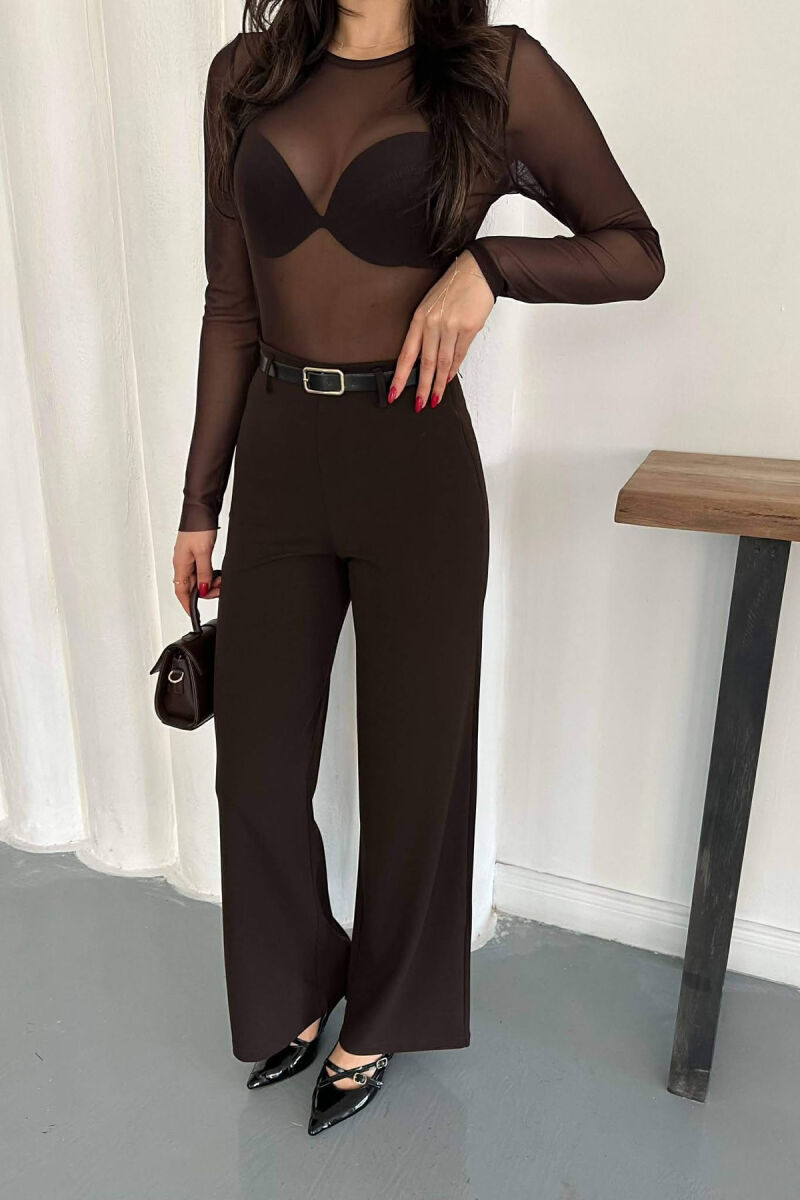 ONE COLOR WIDE LEG BELT DETAIL WOMAN TROUSERS DARK BROWN/KAE - 2