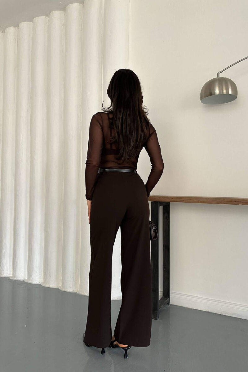 ONE COLOR WIDE LEG BELT DETAIL WOMAN TROUSERS DARK BROWN/KAE - 3