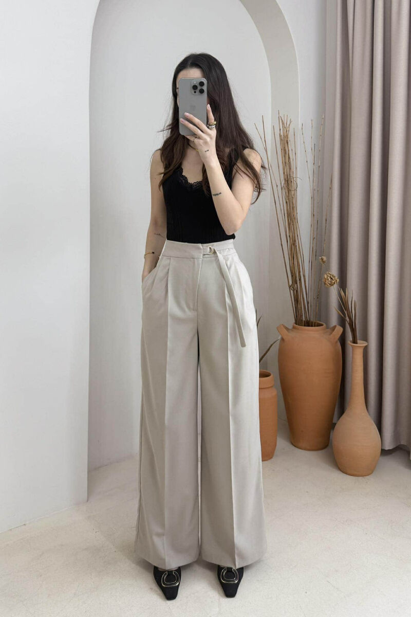 ONE COLOR WIDE LEG BELT WOMEN TROUSERS BEIGE/BEZHE - 1