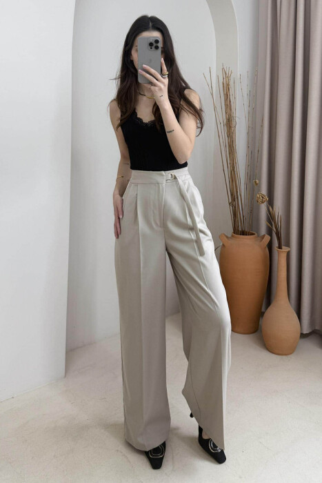 ONE COLOR WIDE LEG BELT WOMEN TROUSERS BEIGE/BEZHE - 2