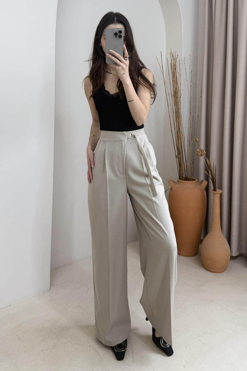 ONE COLOR WIDE LEG BELT WOMEN TROUSERS BEIGE/BEZHE - 2