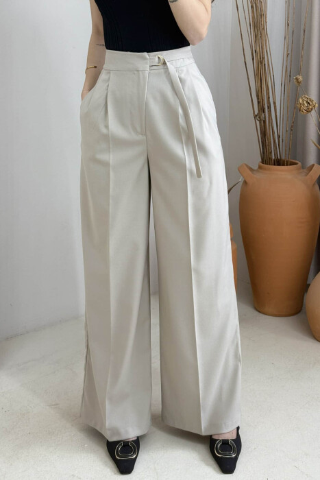 ONE COLOR WIDE LEG BELT WOMEN TROUSERS BEIGE/BEZHE - 3