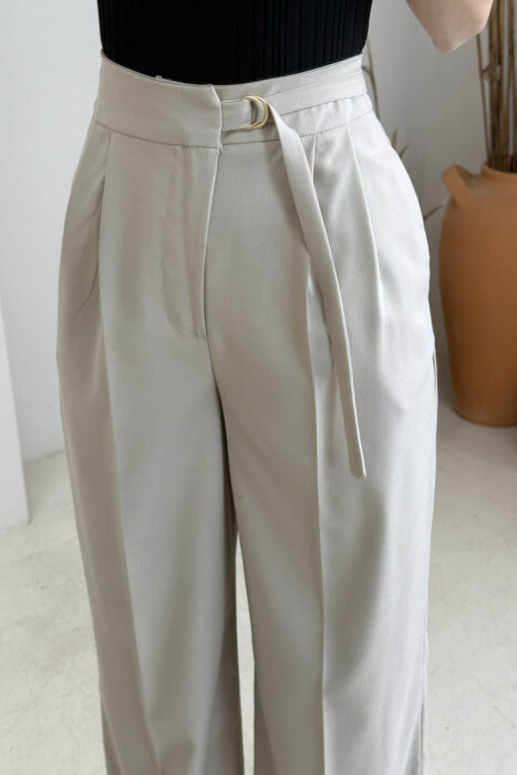 ONE COLOR WIDE LEG BELT WOMEN TROUSERS BEIGE/BEZHE - 4