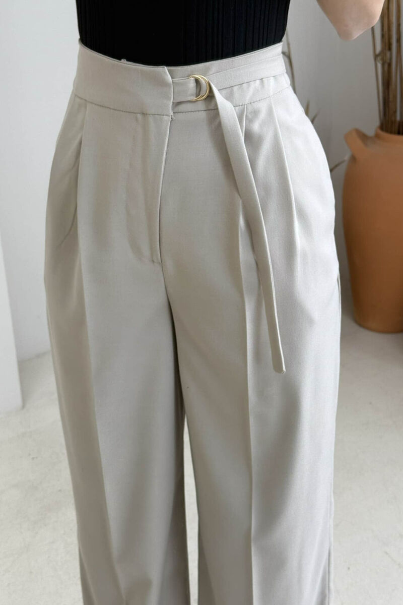 ONE COLOR WIDE LEG BELT WOMEN TROUSERS BEIGE/BEZHE - 4