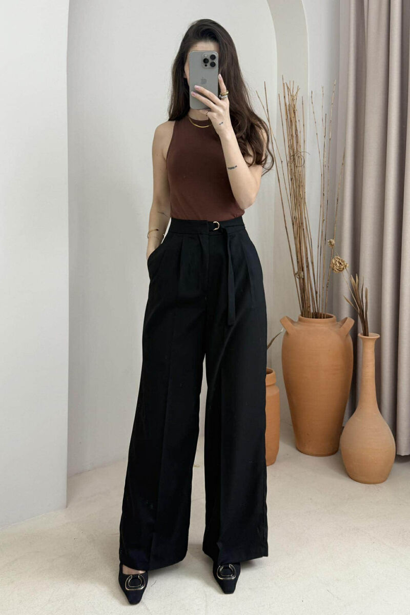 ONE COLOR WIDE LEG BELT WOMEN TROUSERS BLACK/ E ZEZE - 2