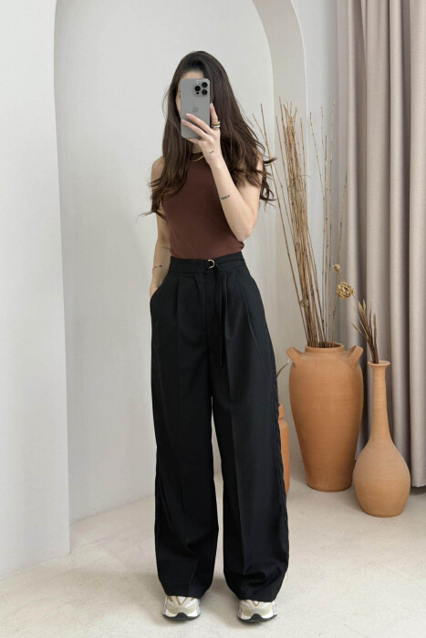 ONE COLOR WIDE LEG BELT WOMEN TROUSERS BLACK/ E ZEZE - 3