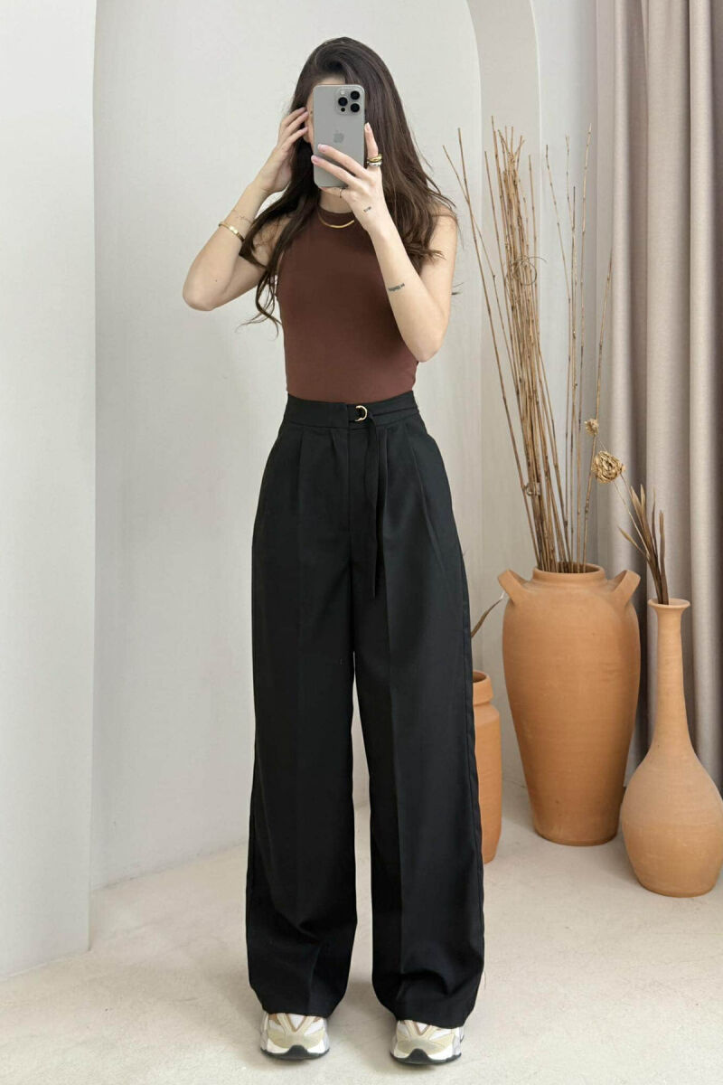ONE COLOR WIDE LEG BELT WOMEN TROUSERS BLACK/ E ZEZE - 4