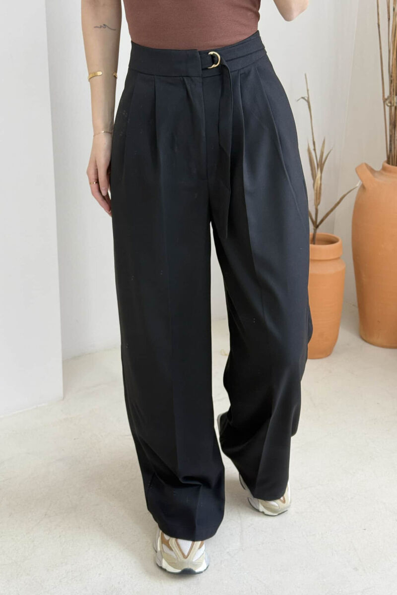 ONE COLOR WIDE LEG BELT WOMEN TROUSERS BLACK/ E ZEZE - 5