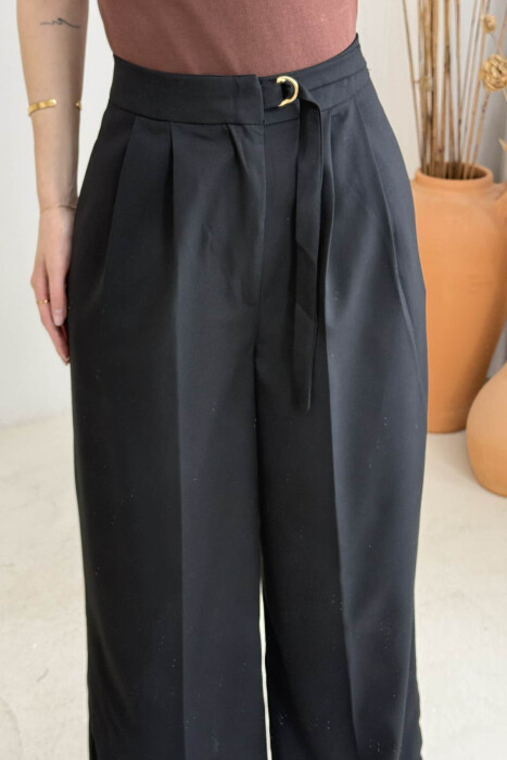 ONE COLOR WIDE LEG BELT WOMEN TROUSERS BLACK/ E ZEZE - 7