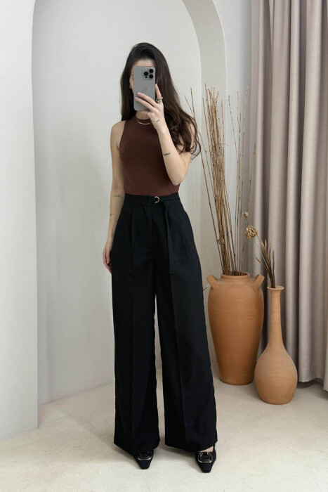 ONE COLOR WIDE LEG BELT WOMEN TROUSERS BLACK/ E ZEZE 