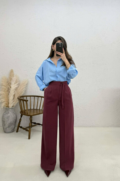 ONE COLOR WIDE LEG BELT WOMEN TROUSERS BURGUNDY/VISHNJE 