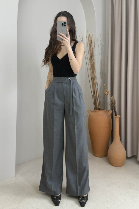 ONE COLOR WIDE LEG BELT WOMEN TROUSERS DARK GREY/GEE 