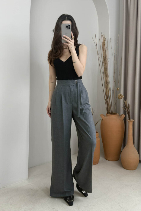 ONE COLOR WIDE LEG BELT WOMEN TROUSERS DARK GREY/GEE - 2