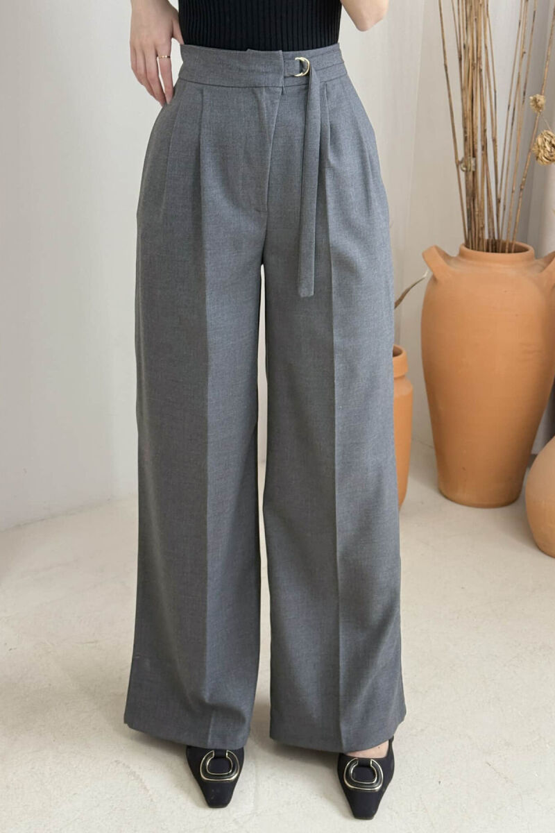 ONE COLOR WIDE LEG BELT WOMEN TROUSERS DARK GREY/GEE - 3