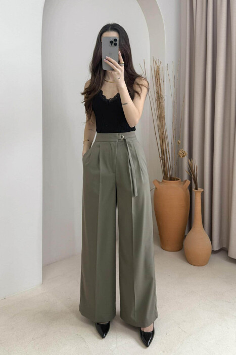ONE COLOR WIDE LEG BELT WOMEN TROUSERS OLIVE/ULLI 