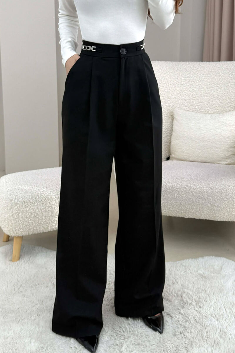 ONE COLOR WIDE LEG CHAIN DETAILS WOMEN TROUSERS BLACK/ E ZEZE - 3