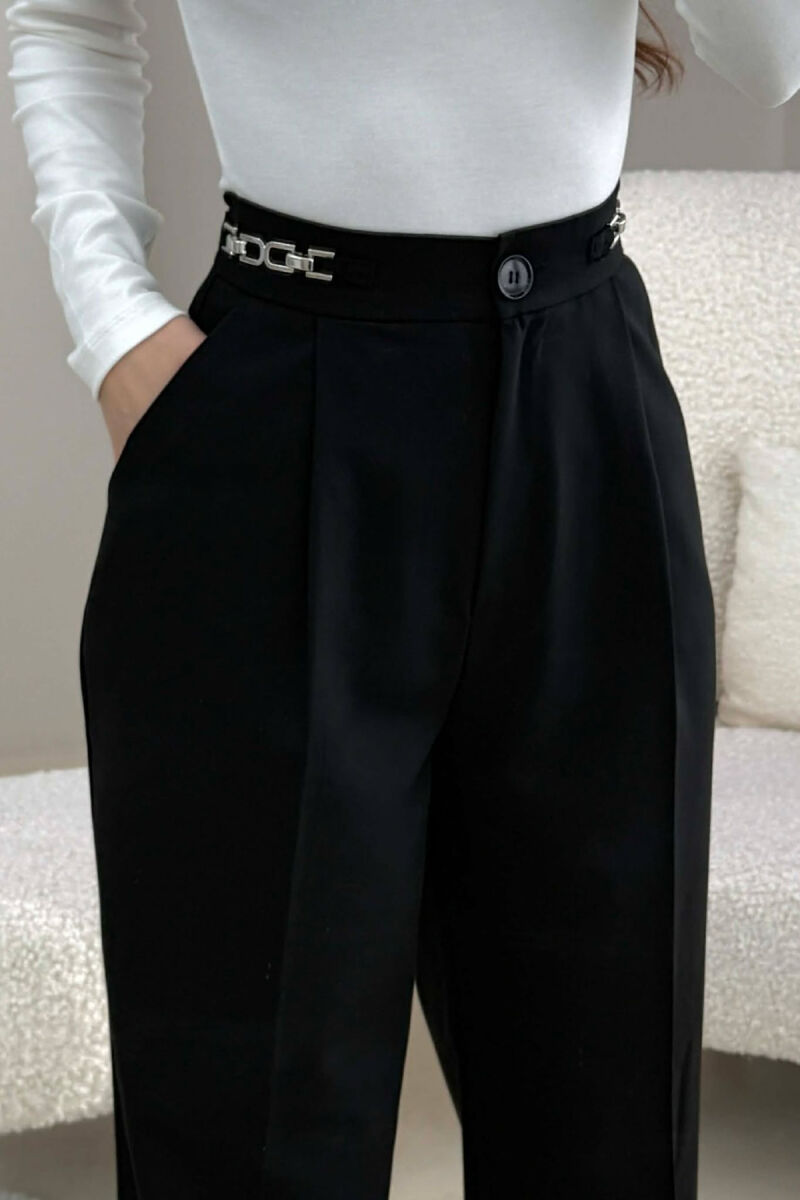 ONE COLOR WIDE LEG CHAIN DETAILS WOMEN TROUSERS BLACK/ E ZEZE - 4