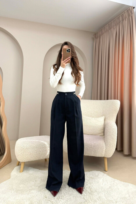 ONE COLOR WIDE LEG CHAIN DETAILS WOMEN TROUSERS DARK BLUE/BEE - 1