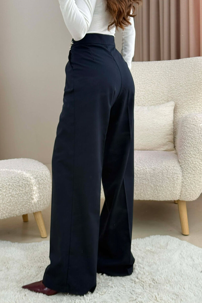 ONE COLOR WIDE LEG CHAIN DETAILS WOMEN TROUSERS DARK BLUE/BEE - 2