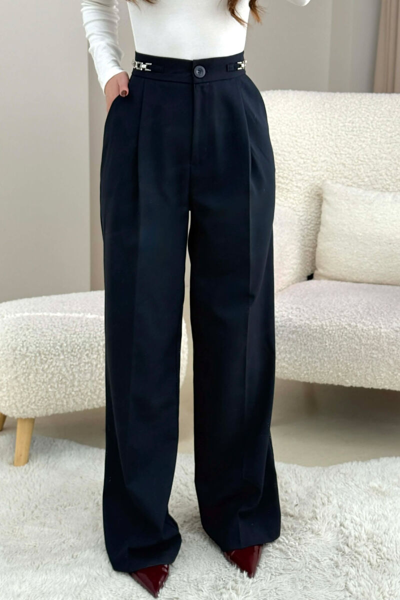 ONE COLOR WIDE LEG CHAIN DETAILS WOMEN TROUSERS DARK BLUE/BEE - 3