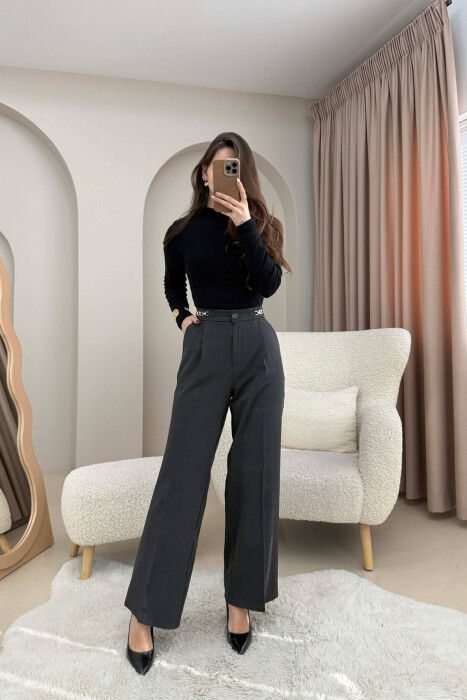 ONE COLOR WIDE LEG CHAIN DETAILS WOMEN TROUSERS DARK GREY/GEE 
