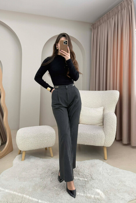 ONE COLOR WIDE LEG CHAIN DETAILS WOMEN TROUSERS DARK GREY/GEE - 5