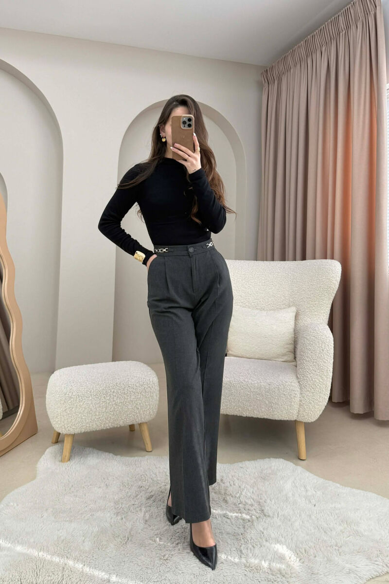 ONE COLOR WIDE LEG CHAIN DETAILS WOMEN TROUSERS DARK GREY/GEE - 5