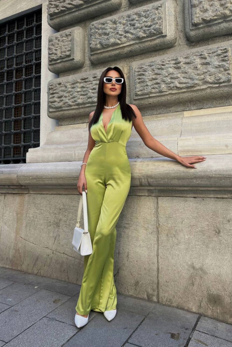 ONE COLOR WIDE LEG LACING NECK WOMEN JUMPSUIT LIGHT GREEN/JEZB - 4