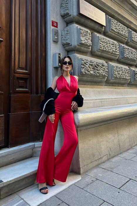ONE COLOR WIDE LEG LACING NECK WOMEN JUMPSUIT RED/E KUQE - 5
