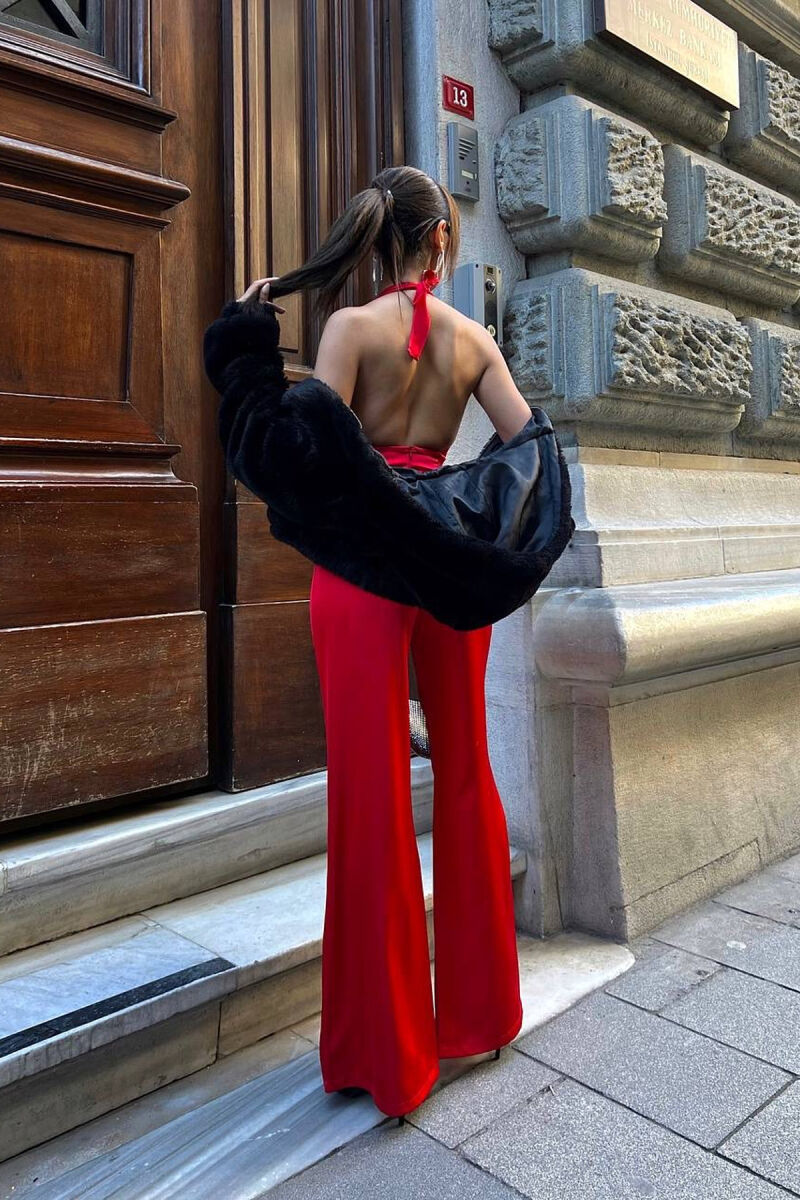 ONE COLOR WIDE LEG LACING NECK WOMEN JUMPSUIT RED/E KUQE - 6