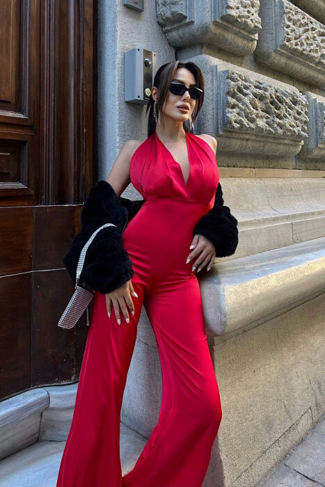 ONE COLOR WIDE LEG LACING NECK WOMEN JUMPSUIT RED/E KUQE - 7
