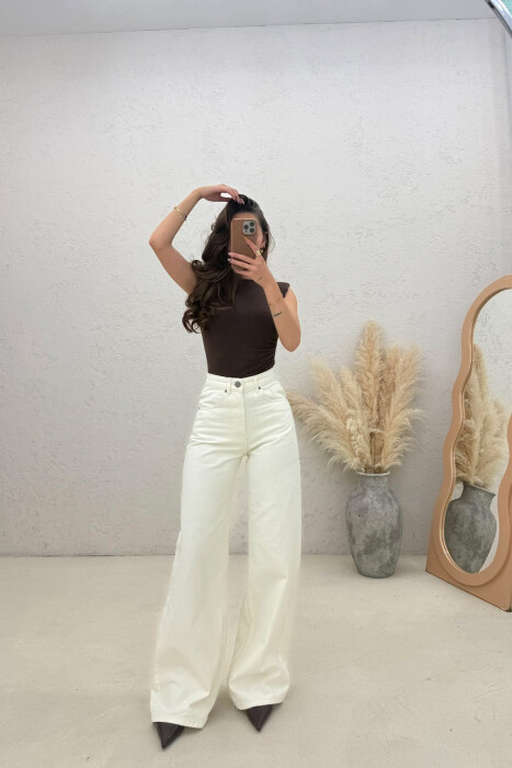 ONE COLOR WIDE LEG WOMAN JEANS CREAM/KREM - KLAUDIO FASHION