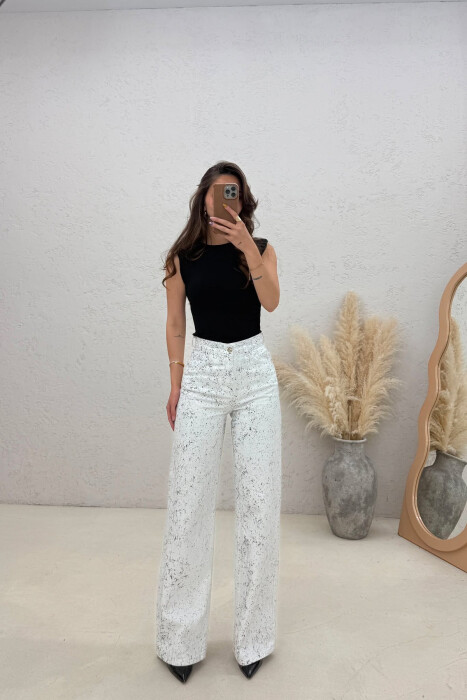 ONE COLOR WIDE LEG WOMAN JEANS WHITE-BLACK/BAZE - KLAUDIO FASHION