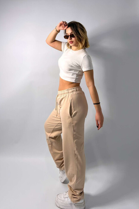ONE COLOR WIDE LEG WOMEN SWEATPANTS BEIGE/BEZHE - 3